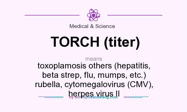 What does TORCH (titer) mean? It stands for toxoplamosis others (hepatitis, beta strep, flu, mumps, etc.) rubella, cytomegalovirus (CMV), herpes virus II