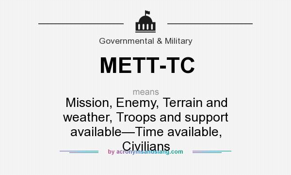 What does METT-TC mean? It stands for Mission, Enemy, Terrain and weather, Troops and support available—Time available, Civilians