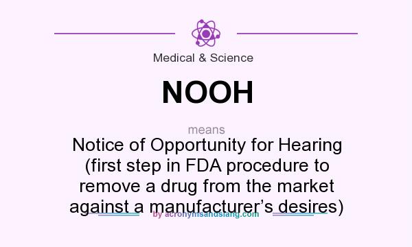 What does NOOH mean? It stands for Notice of Opportunity for Hearing (first step in FDA procedure to remove a drug from the market against a manufacturer’s desires)