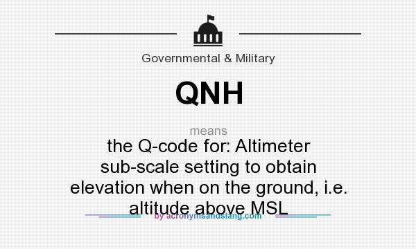 What does QNH mean? It stands for the Q-code for: Altimeter sub-scale setting to obtain elevation when on the ground, i.e. altitude above MSL