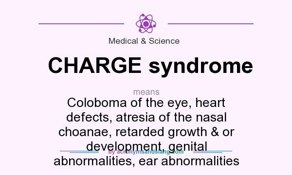 What does CHARGE syndrome mean? It stands for Coloboma of the eye, heart defects, atresia of the nasal choanae, retarded growth & or development, genital abnormalities, ear abnormalities
