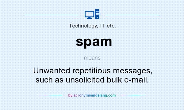 What does spam mean? It stands for Unwanted repetitious messages, such as unsolicited bulk e-mail.