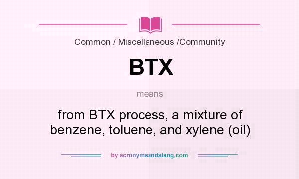 What does BTX mean? It stands for from BTX process, a mixture of benzene, toluene, and xylene (oil)