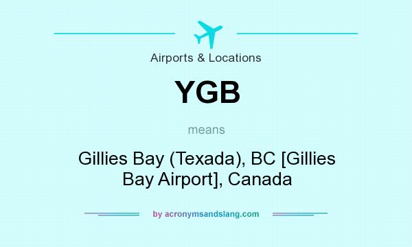 What does YGB mean? It stands for Gillies Bay (Texada), BC [Gillies Bay Airport], Canada