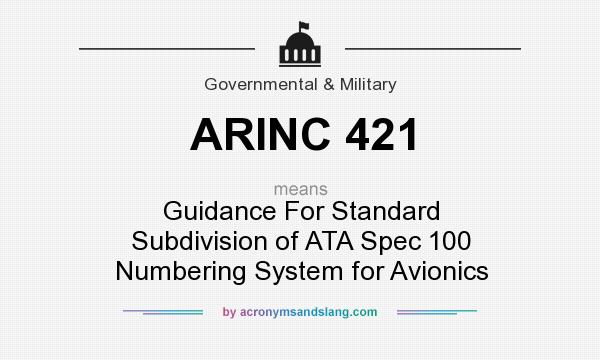 What does ARINC 421 mean? It stands for Guidance For Standard Subdivision of ATA Spec 100 Numbering System for Avionics