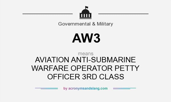 What does AW3 mean? It stands for AVIATION ANTI-SUBMARINE WARFARE OPERATOR PETTY OFFICER 3RD CLASS