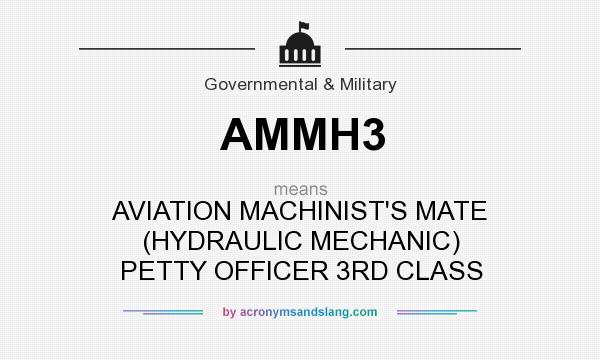What does AMMH3 mean? It stands for AVIATION MACHINIST`S MATE (HYDRAULIC MECHANIC) PETTY OFFICER 3RD CLASS