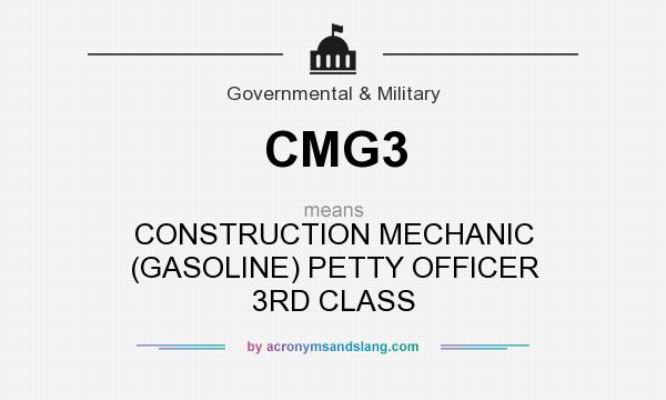 What does CMG3 mean? It stands for CONSTRUCTION MECHANIC (GASOLINE) PETTY OFFICER 3RD CLASS