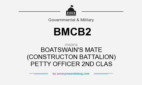 What does BMCB2 mean? It stands for BOATSWAIN`S MATE (CONSTRUCTON BATTALION) PETTY OFFICER 2ND CLAS