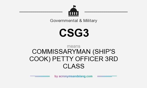 What does CSG3 mean? It stands for COMMISSARYMAN (SHIP`S COOK) PETTY OFFICER 3RD CLASS