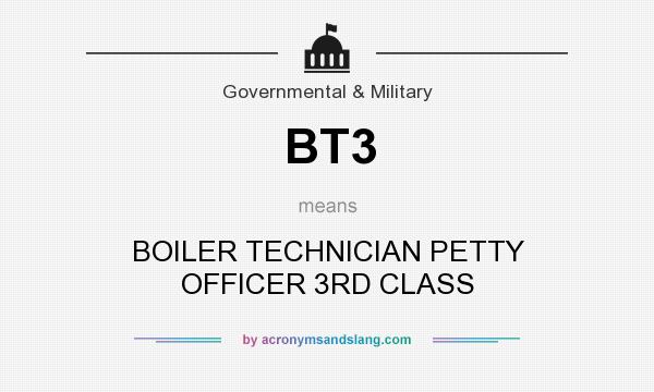 What does BT3 mean? It stands for BOILER TECHNICIAN PETTY OFFICER 3RD CLASS