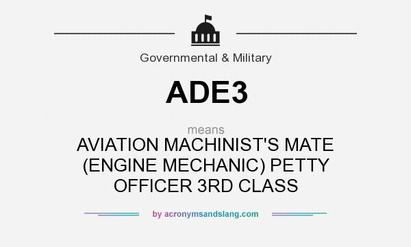 What does ADE3 mean? It stands for AVIATION MACHINIST`S MATE (ENGINE MECHANIC) PETTY OFFICER 3RD CLASS
