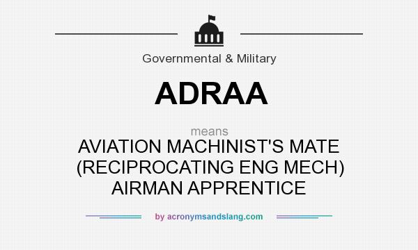 What does ADRAA mean? It stands for AVIATION MACHINIST`S MATE (RECIPROCATING ENG MECH) AIRMAN APPRENTICE