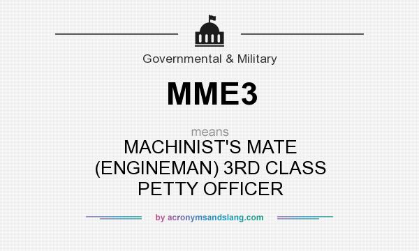 What does MME3 mean? It stands for MACHINIST`S MATE (ENGINEMAN) 3RD CLASS PETTY OFFICER