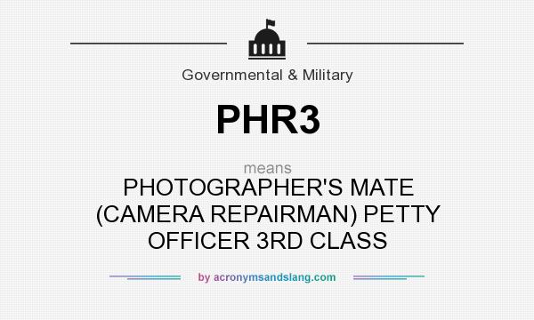 What does PHR3 mean? It stands for PHOTOGRAPHER`S MATE (CAMERA REPAIRMAN) PETTY OFFICER 3RD CLASS