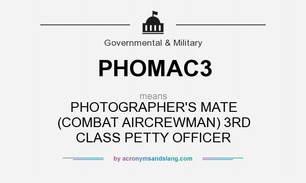 What does PHOMAC3 mean? It stands for PHOTOGRAPHER`S MATE (COMBAT AIRCREWMAN) 3RD CLASS PETTY OFFICER