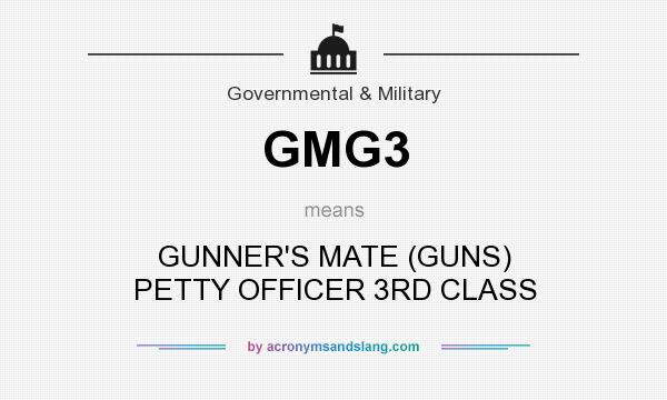 What does GMG3 mean? It stands for GUNNER`S MATE (GUNS) PETTY OFFICER 3RD CLASS