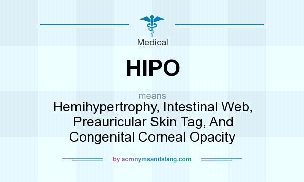 What does HIPO mean? It stands for Hemihypertrophy, Intestinal Web, Preauricular Skin Tag, And Congenital Corneal Opacity