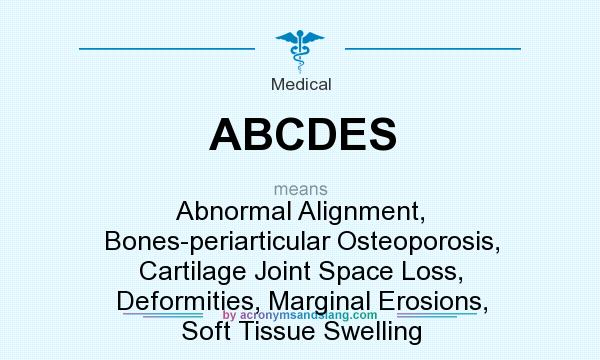 What does ABCDES mean? It stands for Abnormal Alignment, Bones-periarticular Osteoporosis, Cartilage Joint Space Loss, Deformities, Marginal Erosions, Soft Tissue Swelling