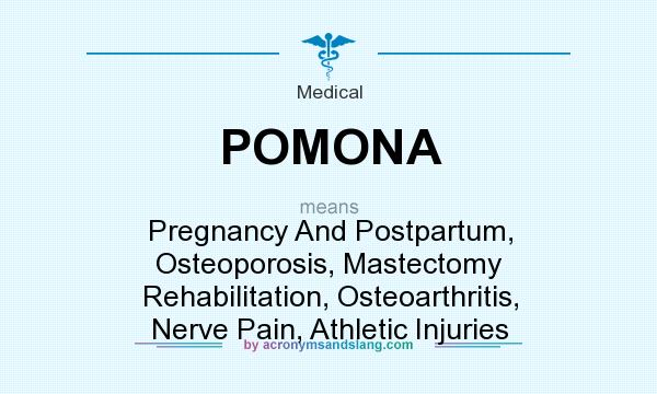 What does POMONA mean? It stands for Pregnancy And Postpartum, Osteoporosis, Mastectomy Rehabilitation, Osteoarthritis, Nerve Pain, Athletic Injuries