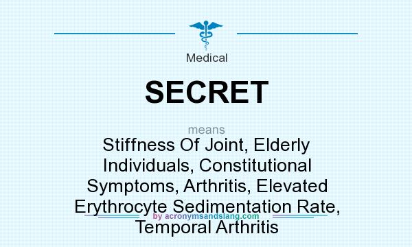 What does SECRET mean? It stands for Stiffness Of Joint, Elderly Individuals, Constitutional Symptoms, Arthritis, Elevated Erythrocyte Sedimentation Rate, Temporal Arthritis