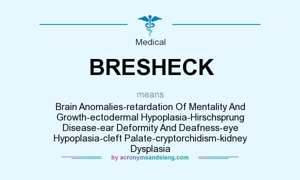What does BRESHECK mean? It stands for Brain Anomalies-retardation Of Mentality And Growth-ectodermal Hypoplasia-Hirschsprung Disease-ear Deformity And Deafness-eye Hypoplasia-cleft Palate-cryptorchidism-kidney Dysplasia