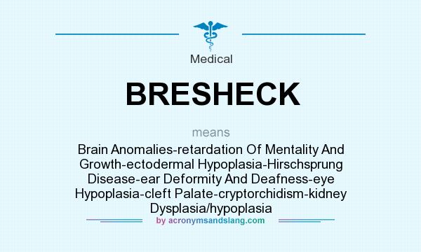 What does BRESHECK mean? It stands for Brain Anomalies-retardation Of Mentality And Growth-ectodermal Hypoplasia-Hirschsprung Disease-ear Deformity And Deafness-eye Hypoplasia-cleft Palate-cryptorchidism-kidney Dysplasia/hypoplasia
