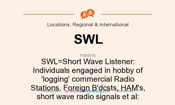 What does SWL mean? It stands for SWL=Short Wave Listener: Individuals engaged in hobby of `logging` commercial Radio Stations, Foreign B`dcsts, HAM`s, short wave radio signals et al: