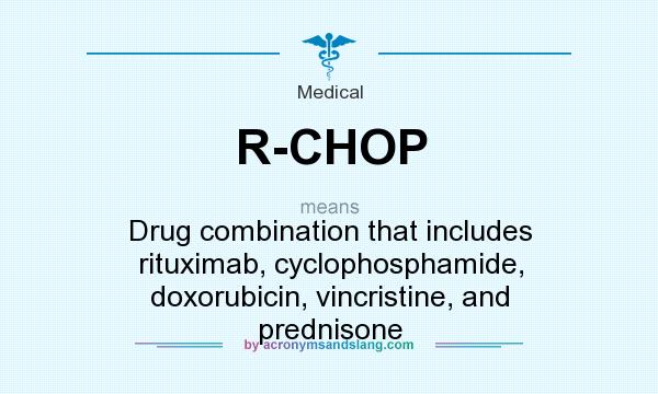 What does R-CHOP mean? It stands for Drug combination that includes rituximab, cyclophosphamide, doxorubicin, vincristine, and prednisone
