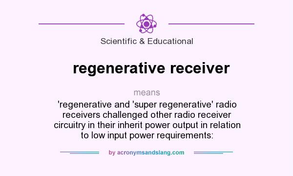 What does regenerative receiver mean? It stands for `regenerative and `super regenerative` radio receivers challenged other radio receiver circuitry in their inherit power output in relation to low input power requirements: