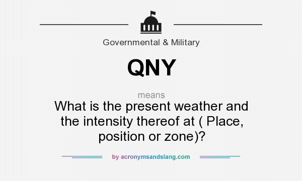 What does QNY mean? It stands for What is the present weather and the intensity thereof at ( Place, position or zone)?