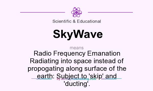 What does SkyWave mean? It stands for Radio Frequency Emanation Radiating into space instead of propogating along surface of the earth: Subject to `skip` and `ducting`.