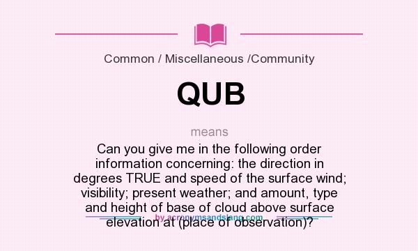 What does QUB mean? It stands for Can you give me in the following order information concerning: the direction in degrees TRUE and speed of the surface wind; visibility; present weather; and amount, type and height of base of cloud above surface elevation at (place of observation)?