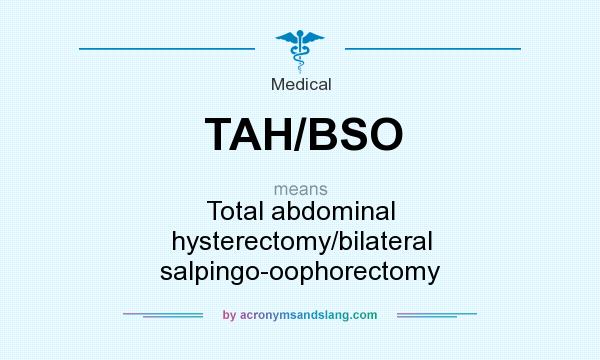 What does TAH/BSO mean? It stands for Total abdominal hysterectomy/bilateral salpingo-oophorectomy