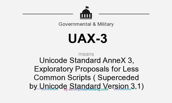 What does UAX-3 mean? It stands for Unicode Standard AnneX 3, Exploratory Proposals for Less Common Scripts ( Superceded by Unicode Standard Version 3.1)