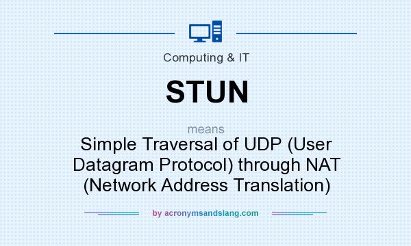 What does STUN mean? It stands for Simple Traversal of UDP (User Datagram Protocol) through NAT (Network Address Translation)