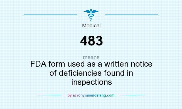 What does 483 mean? It stands for FDA form used as a written notice of deficiencies found in inspections