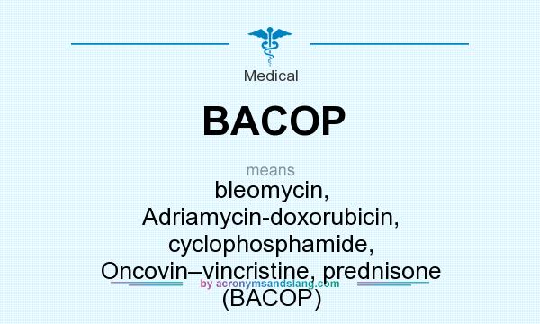 What does BACOP mean? It stands for bleomycin, Adriamycin-doxorubicin, cyclophosphamide, Oncovin–vincristine, prednisone (BACOP)