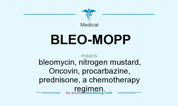 What does BLEO-MOPP mean? It stands for bleomycin, nitrogen mustard, Oncovin, procarbazine, prednisone, a chemotherapy regimen.