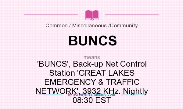 What does BUNCS mean? It stands for `BUNCS`, Back-up Net Control Station `GREAT LAKES EMERGENCY & TRAFFIC NETWORK`, 3932 KHz. Nightly 08:30 EST