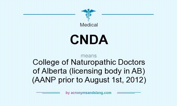 What does CNDA mean? It stands for College of Naturopathic Doctors of Alberta (licensing body in AB) (AANP prior to August 1st, 2012)