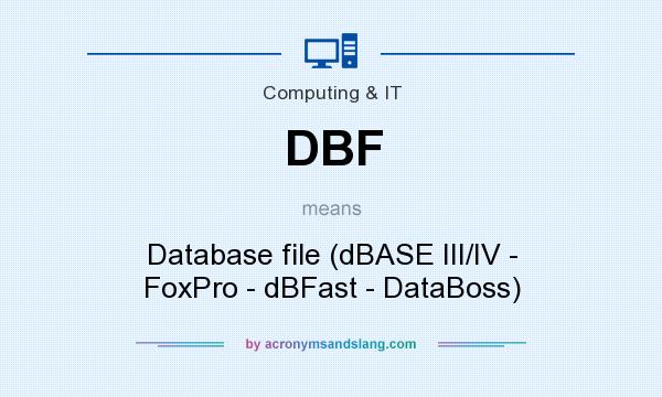 What does DBF mean? It stands for Database file (dBASE III/IV - FoxPro - dBFast - DataBoss)