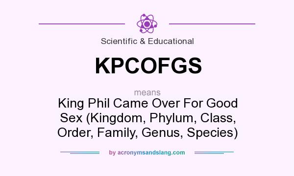 What does KPCOFGS mean? It stands for King Phil Came Over For Good Sex (Kingdom, Phylum, Class, Order, Family, Genus, Species)