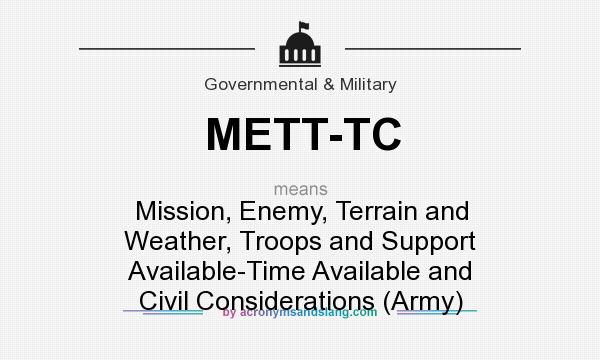 What does METT-TC mean? It stands for Mission, Enemy, Terrain and Weather, Troops and Support Available-Time Available and Civil Considerations (Army)