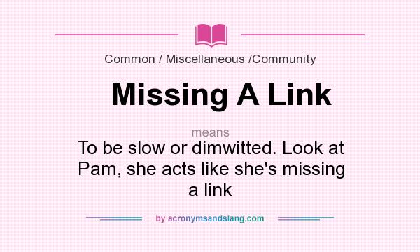What does Missing A Link mean? It stands for To be slow or dimwitted. Look at Pam, she acts like she`s missing a link