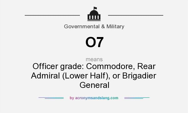 What does O7 mean? It stands for Officer grade: Commodore, Rear Admiral (Lower Half), or Brigadier General
