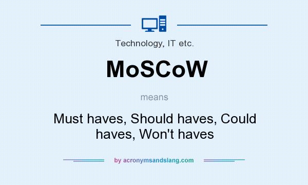What does MoSCoW mean? It stands for Must haves, Should haves, Could haves, Won`t haves