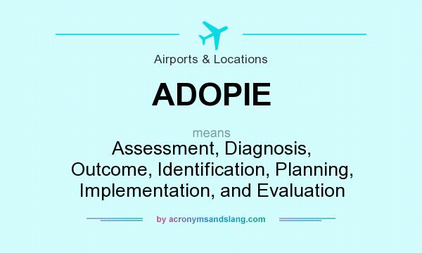 What does ADOPIE mean? It stands for Assessment, Diagnosis, Outcome, Identification, Planning, Implementation, and Evaluation