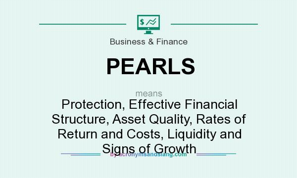 What does PEARLS mean? It stands for Protection, Effective Financial Structure, Asset Quality, Rates of Return and Costs, Liquidity and Signs of Growth