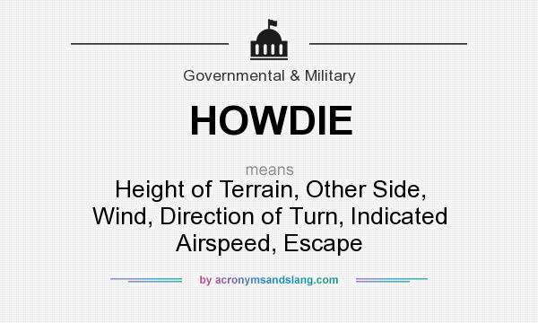 What does HOWDIE mean? It stands for Height of Terrain, Other Side, Wind, Direction of Turn, Indicated Airspeed, Escape